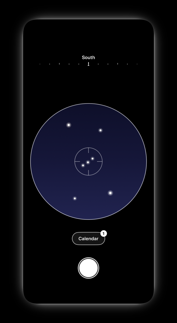 Beltari camera viewfinder aimed at the night sky, Orion's belt on the crosshair