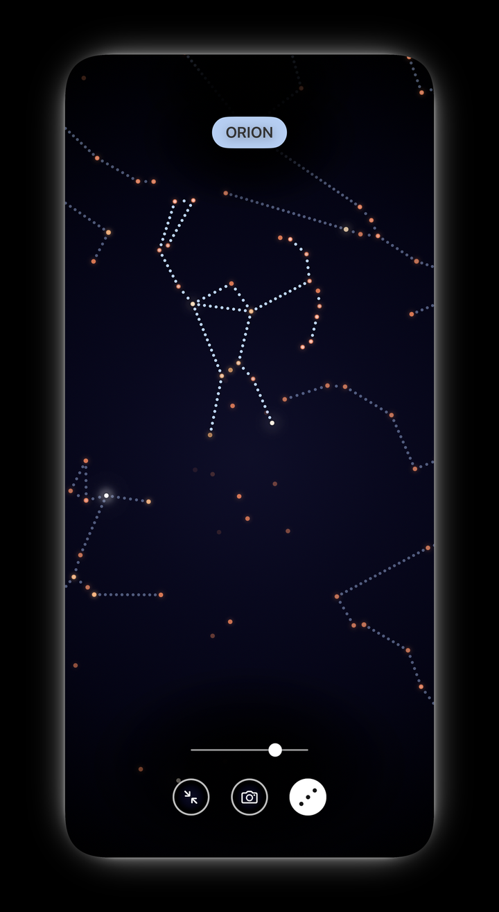 Orion highlighted among constellation lines in the Beltari star map